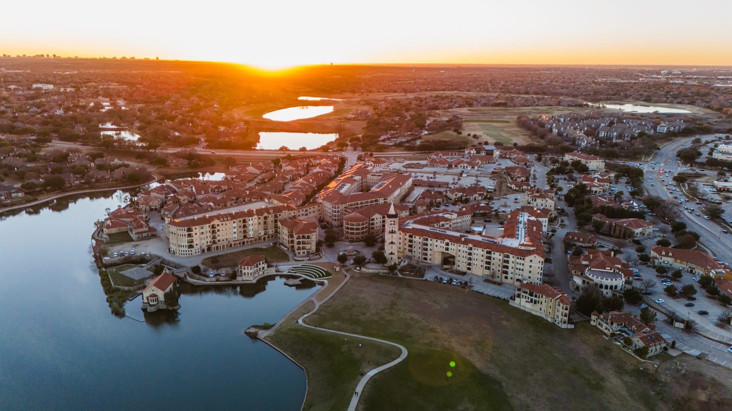 Adriatica Village in McKinney, the Croatian-inspired village Jeffory Blackard built, seen from the air at sunset. Photo: Blackard Companies