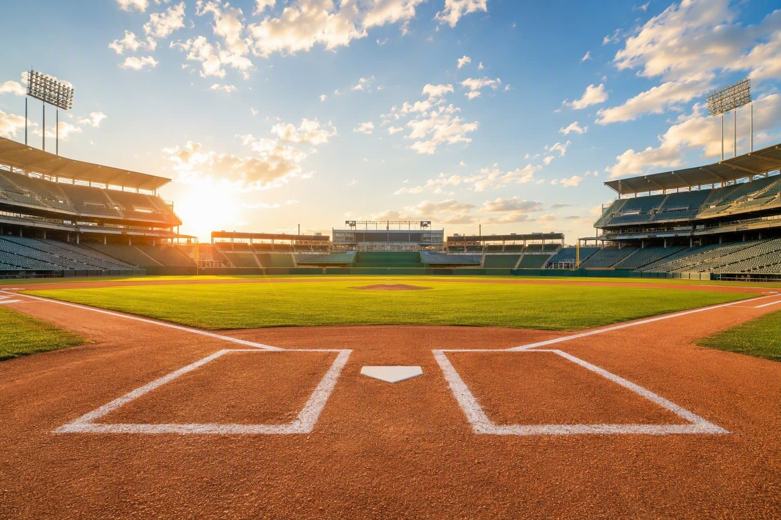 sunlit empty baseball stadium - illustration, Jake Team LLC