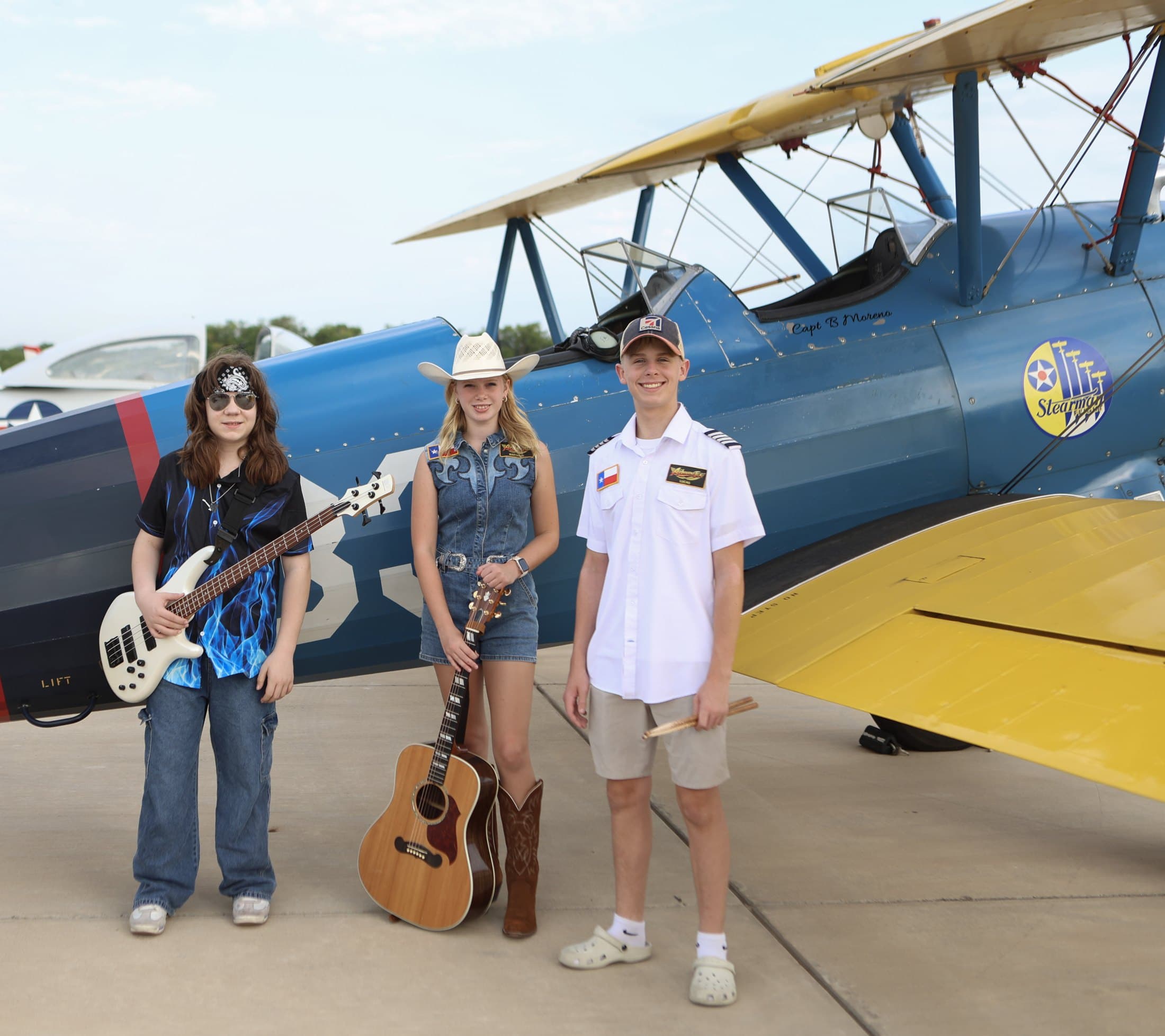 Airbourne Tex at an Airplanes & Coffee fly-in in August 2026. From left: Jaxton Weatherly, Maryanne Hilton and Lucas Rehl. Photo: Jacey Rae Photography