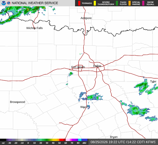 Latest National Weather Service radar for North Texas (KFWS radar). Source: radar.weather.gov.