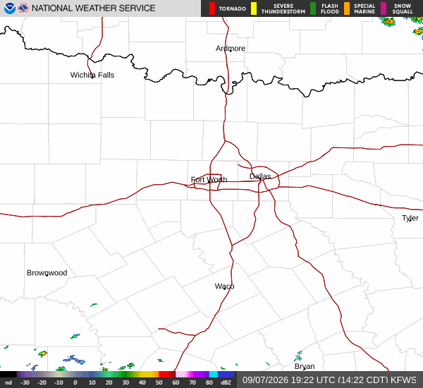 Latest National Weather Service radar for North Texas (KFWS radar). Source: radar.weather.gov.