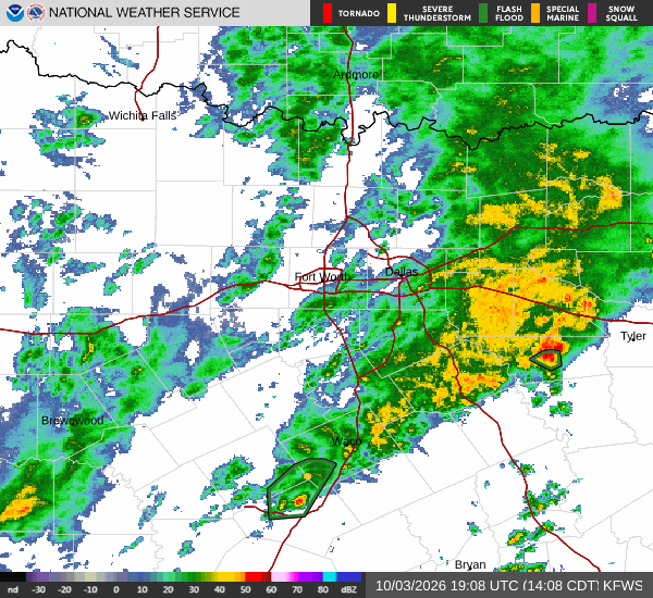 Latest National Weather Service radar for North Texas (KFWS radar). Source: radar.weather.gov.