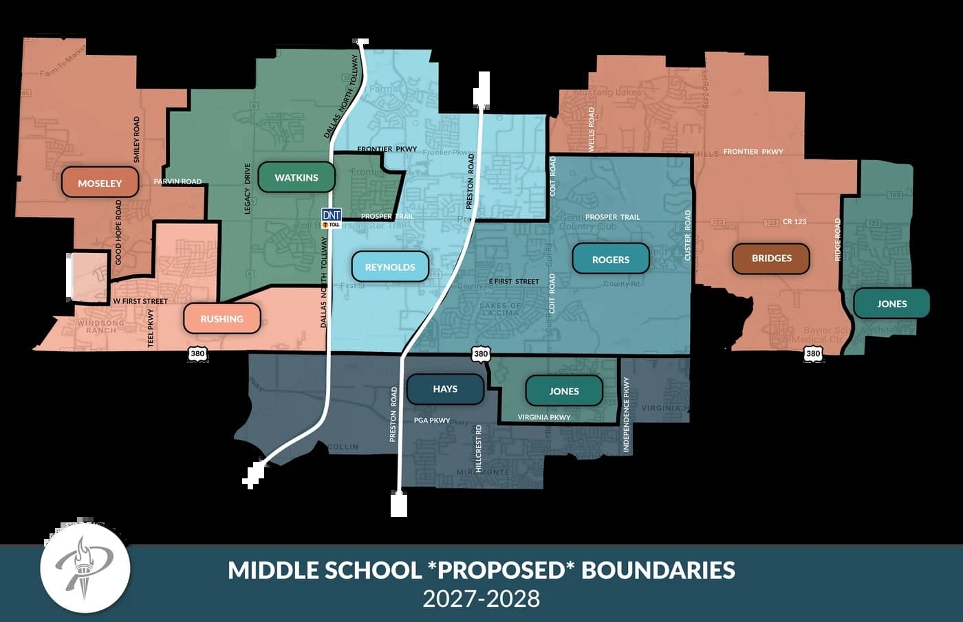 Prosper ISD's proposed 2027-28 middle school attendance boundaries. Map courtesy of Prosper ISD