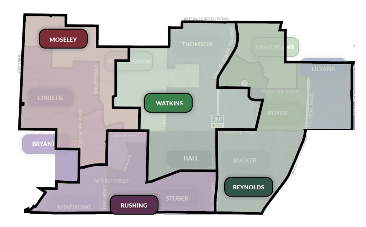 Proposed middle school boundaries shown over the elementary zones that feed them. Map courtesy of Prosper ISD