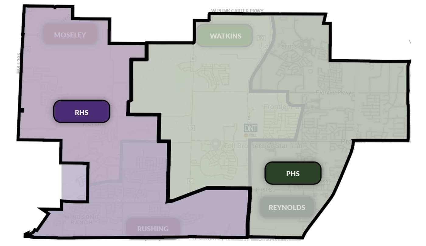 Proposed middle school boundaries shown with the proposed Prosper High (PHS) and Richland High (RHS) zones. Map courtesy of Prosper ISD
