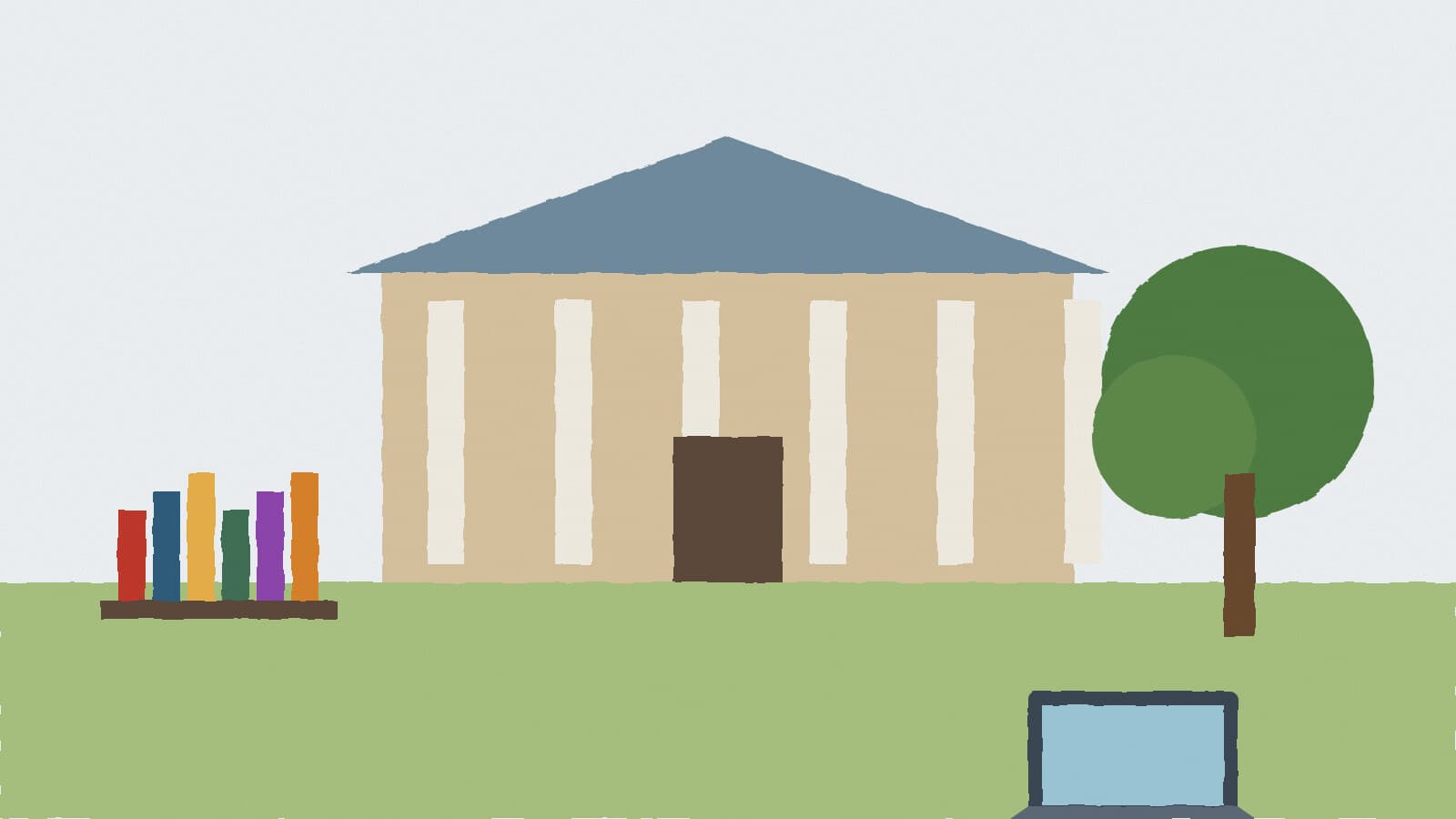 Library, tree and laptop - illustration, Jake Team LLC