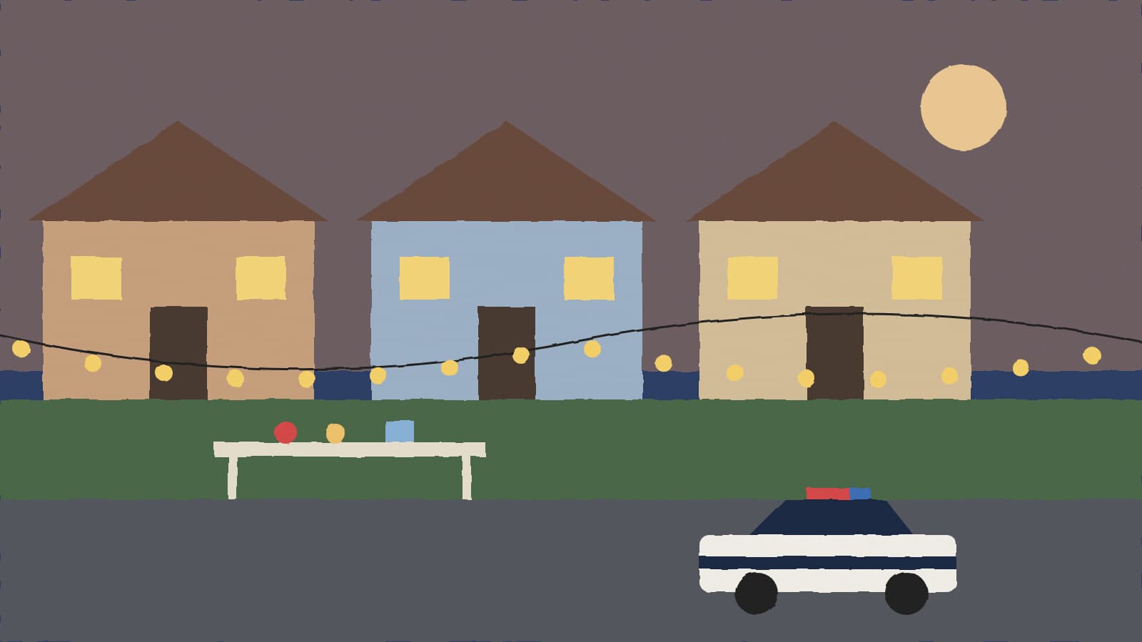 Evening block party with patrol car - illustration, Jake Team LLC