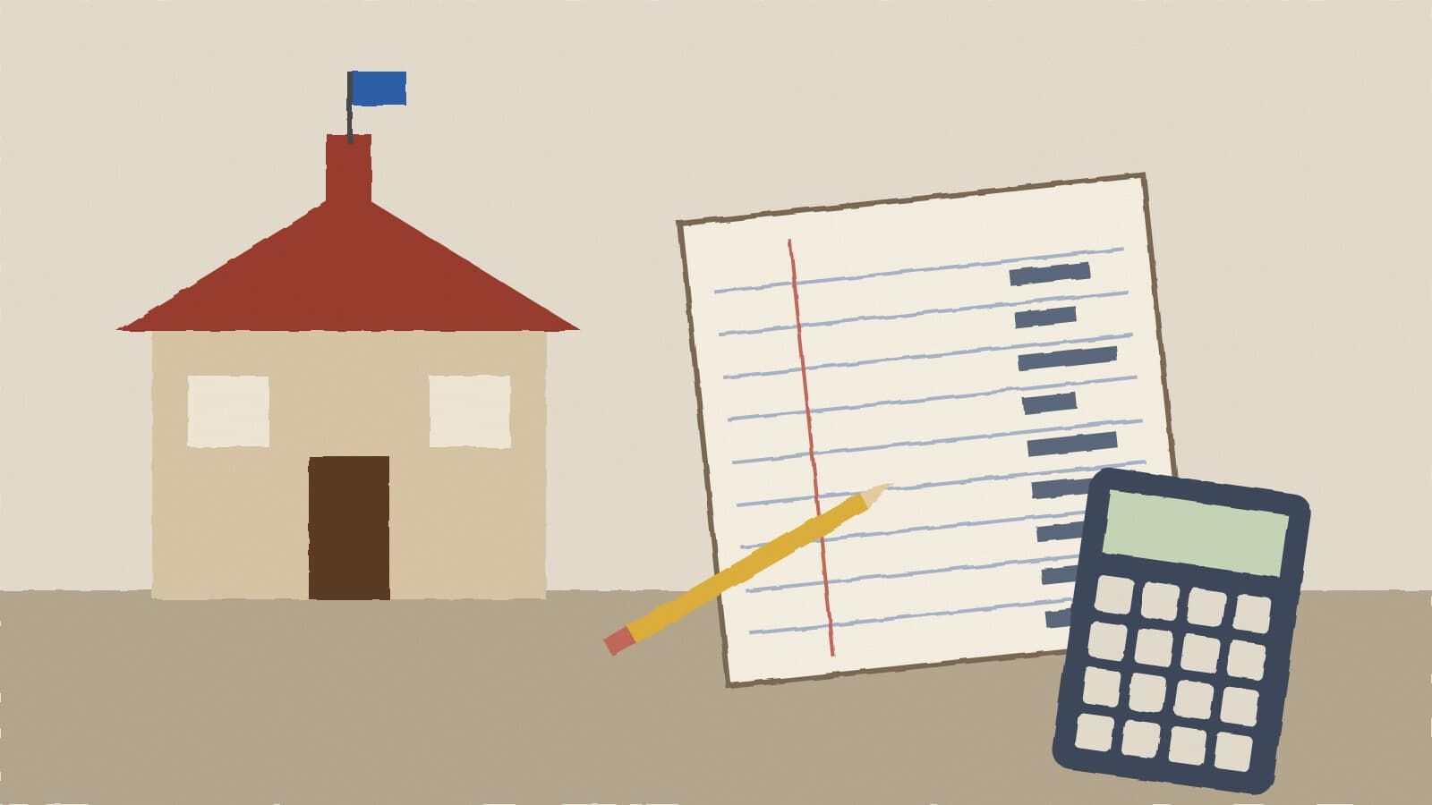 Ledger, calculator and schoolhouse - illustration, Jake Team LLC