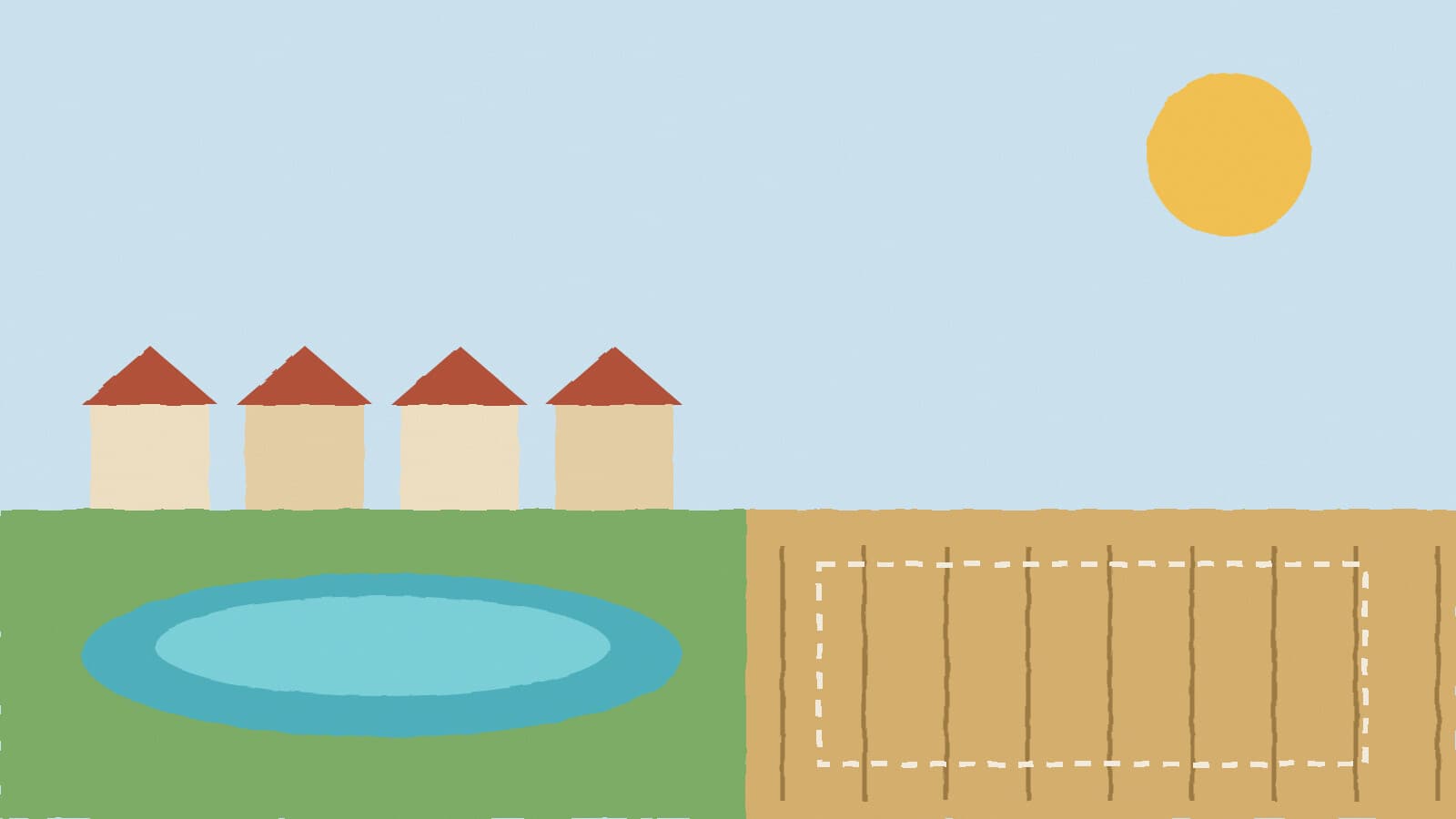 Homes, lagoon and open land - illustration, Jake Team LLC